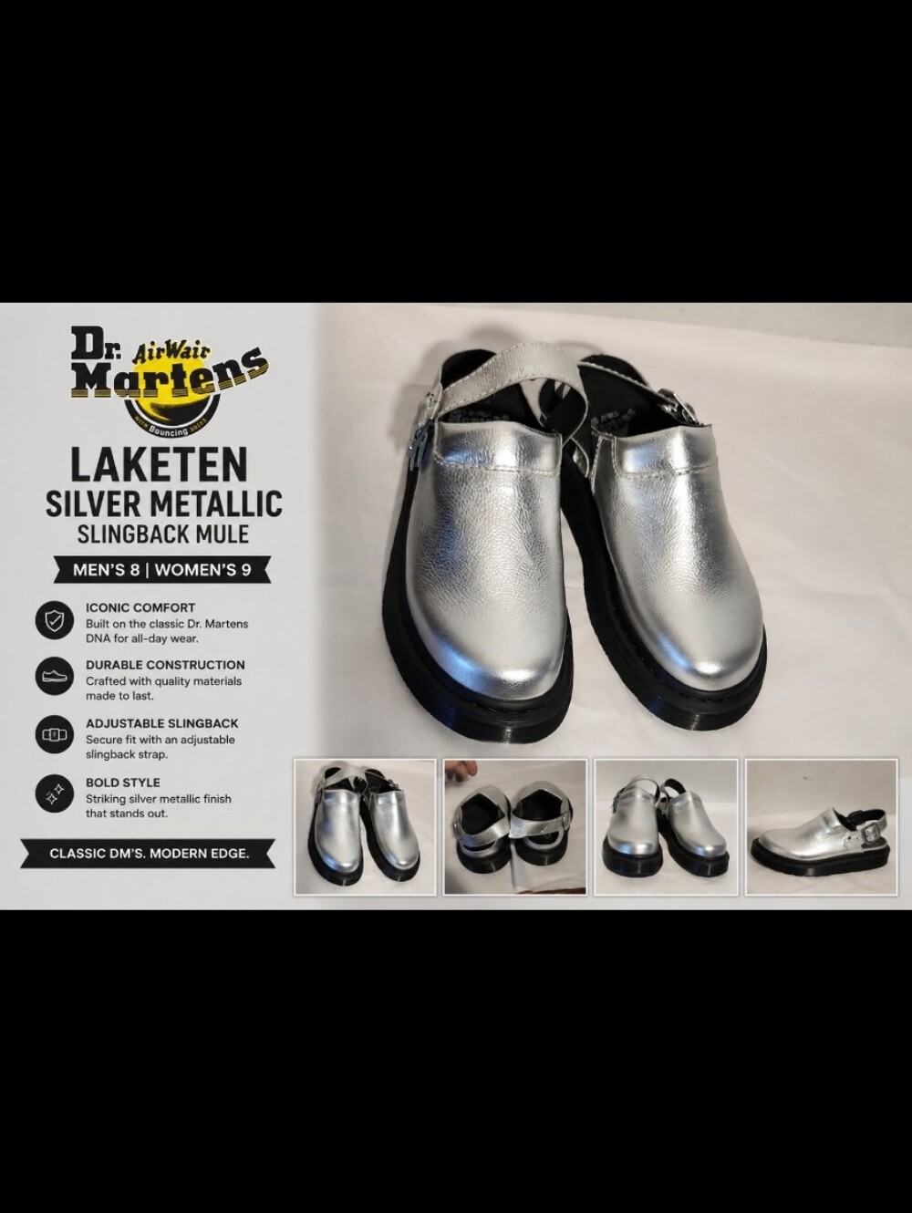 DOC MARTENS Dr. Martens Laketen Silver Metallic Slingback Mule Mens 8 Womens 9